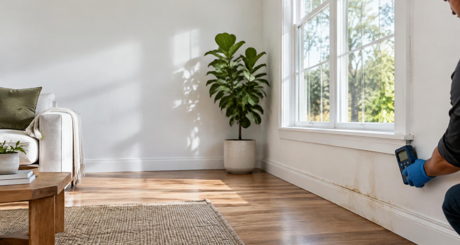 Moisture assessment near a water-stained window in a residential living room
